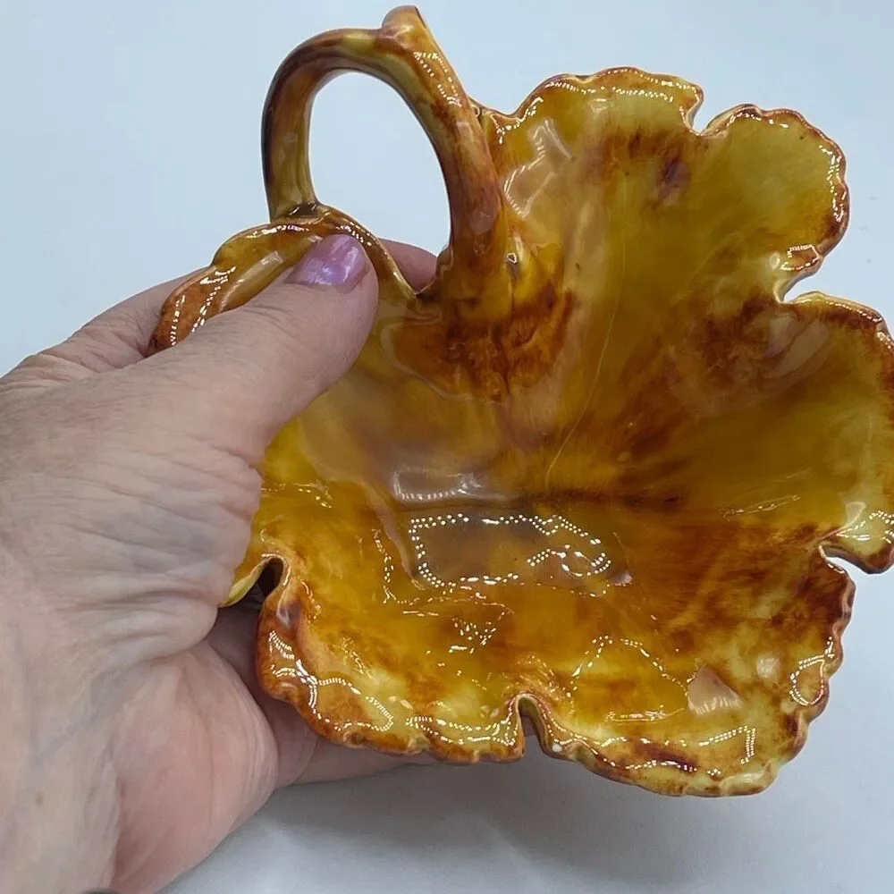 Mullins Ceramics brown leaf nappy or trinket dish. Kentucky drip glaze